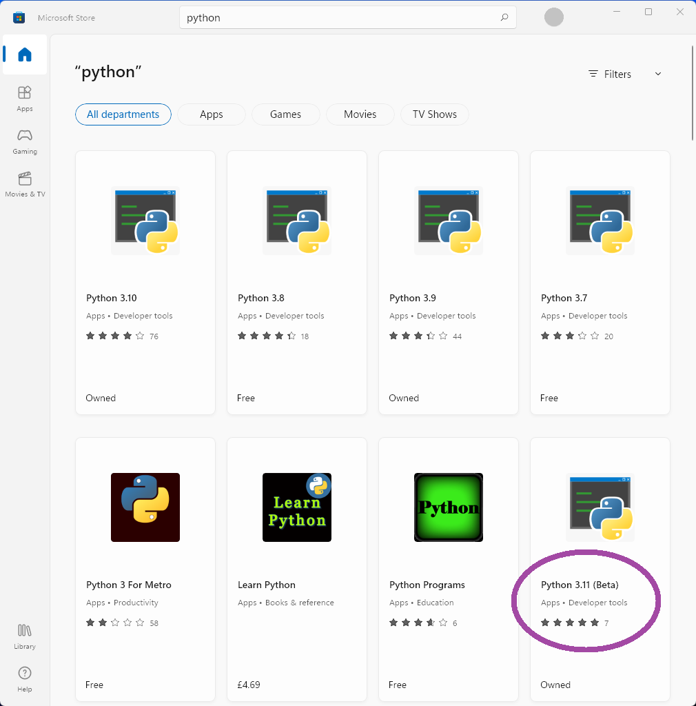 Image of Python 311 in Windows Store